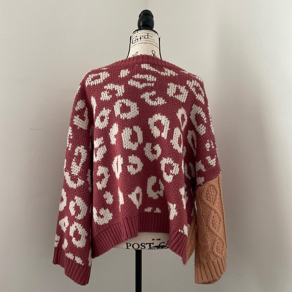 POL Anthropologie Leopard Print Cable Knit V Neck Sweater Burgundy Peach Sz L - Picture 5 of 10